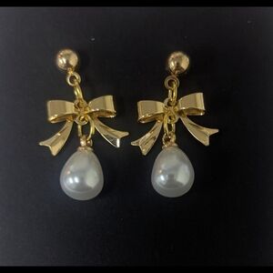 14K Gold Plated Bow Pearl Dangle Earrings, Bridal Faux Pearl Earrings, Romantic